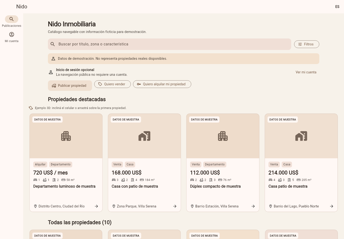 Catálogo real de demostración de Nido Inmobiliaria con propiedades, precios y ubicaciones ficticias